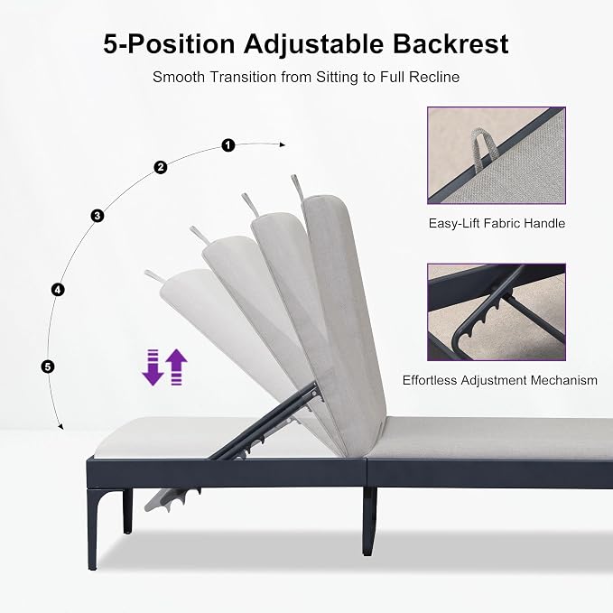PURPLE LEAF Outdoor Chaise Lounge Set of 4 Aluminum Adjustable Patio Lounger - Image 3