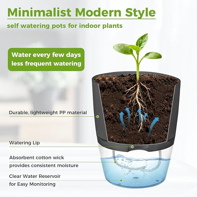 3 Pack Self Watering Pots for Indoor Plants, PlanterHoma 6 Inch Plant Pot - Image 5