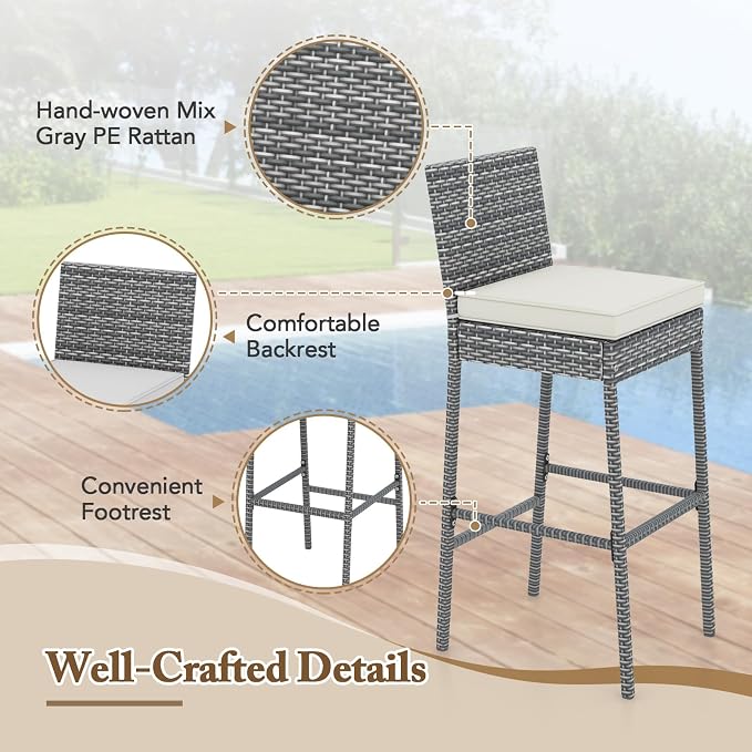HAPPYGRILL Patio Wicker Barstools Set of 4, Outdoor Bar Height Chair w/Soft - Image 8