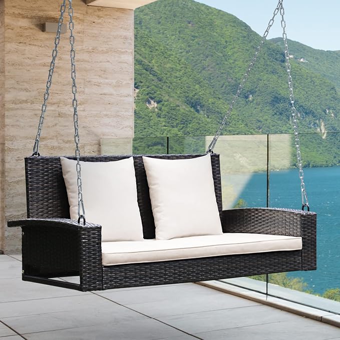 RELAX4LIFE Porch Swing 2-Seat Patio Rattan, Wicker Porch Swings Outdoor W/Two - Image 2