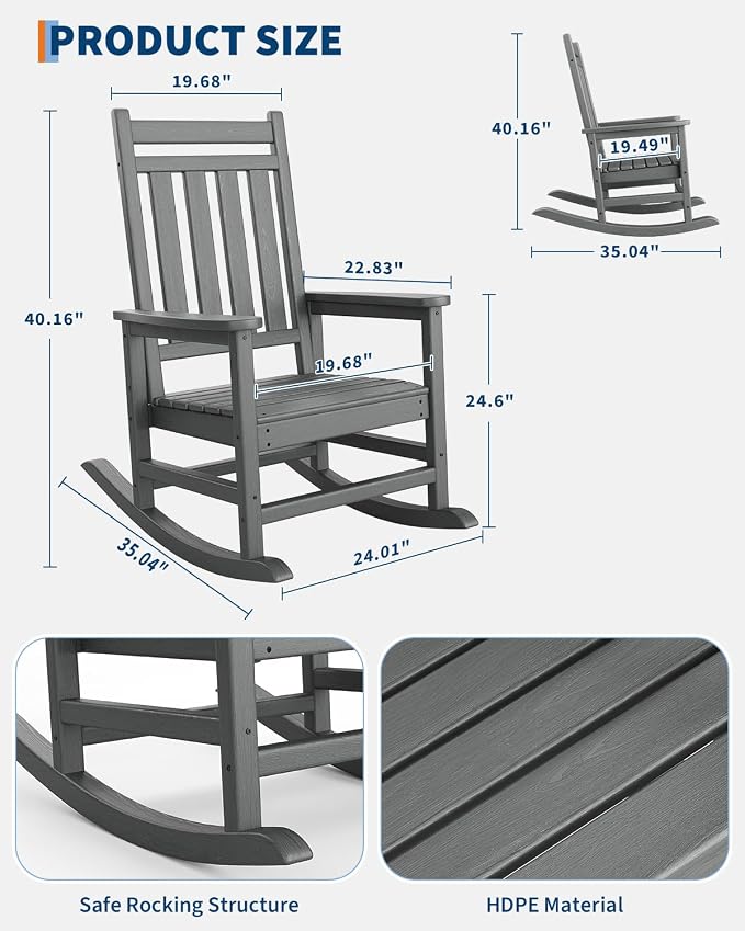 GarveeLife Poly Lumber Rocking Chair Outdoor Set of 4- HDPE High Back Porch - Image 2