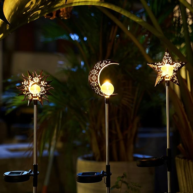 Solar Garden Stake Lights, Moon Sun Star Yard Decorations Outdoor 3 Pack Solar - Image 5