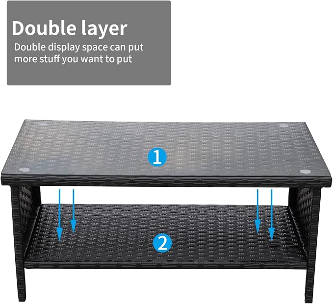 Outdoor Wicker Coffee Table Patio Furniture Garden Rattan 2-Layer Glass Table - Image 7