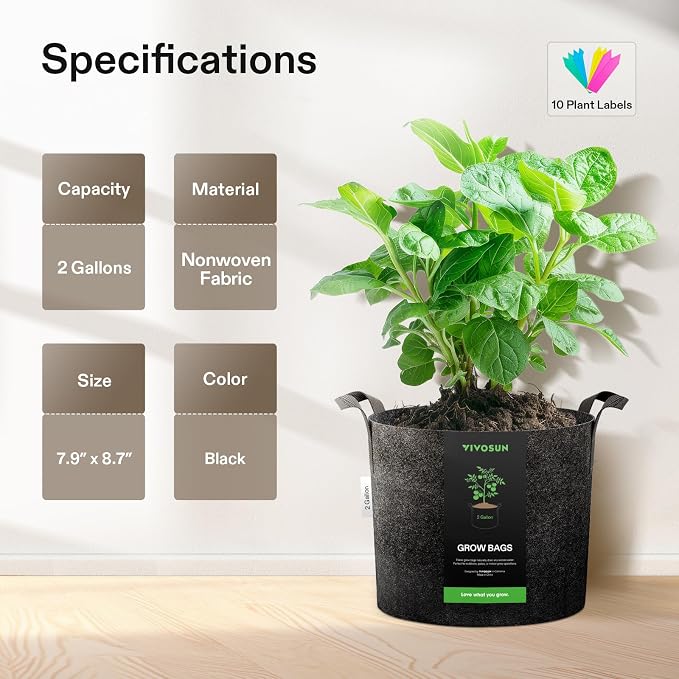 VIVOSUN 5-Pack 2 Gallon Grow Bags Heavy Duty Thickened Nonwoven Fabric Pots - Image 6