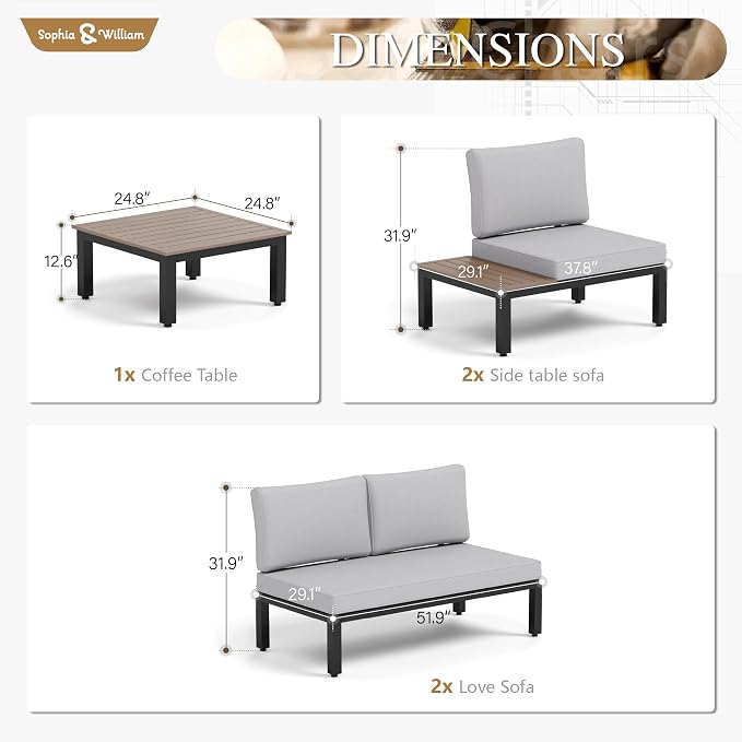 Sophia & William 5 Pieces Outdoor Patio Furniture Set, Metal Sectional Sofa Set - Image 8