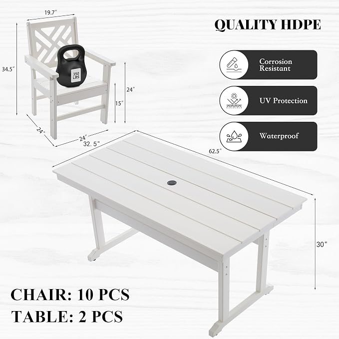 HDPE Dining Table Set for 10, 12-Piece Outdoor Table and Chairs Include 10 - Image 3