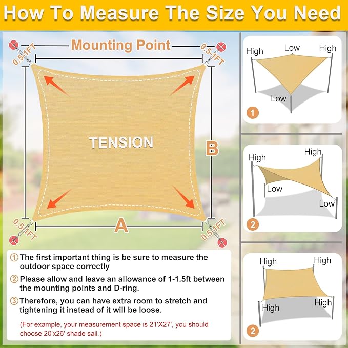 KANAGAWA Sun Shade Sail Curved 24'X24' Sand Rectangle Outdoor Shade Cover UV - Image 2