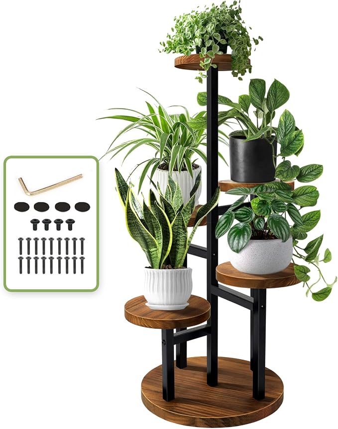 AUGOSTA 5 Tier Plant Stand, Tall Metal Wood Shelf Holder by AUGOSTA