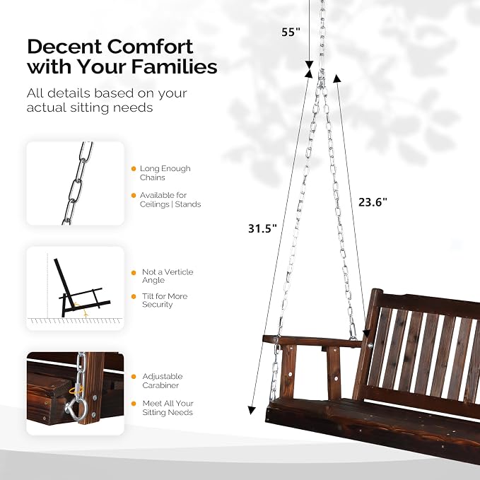 VINGLI Heavy Duty 880 LBS 5 FT Patio Wooden Porch Swing Outdoor - Image 3