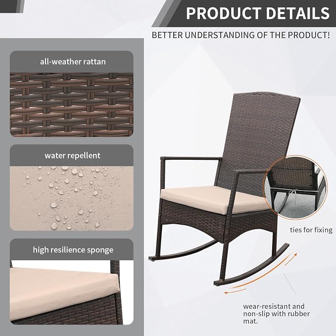 Outdoor Rocking Chair 3 Pieces High-Backed Rocking Chair Patio Rocking Chairs - Image 5