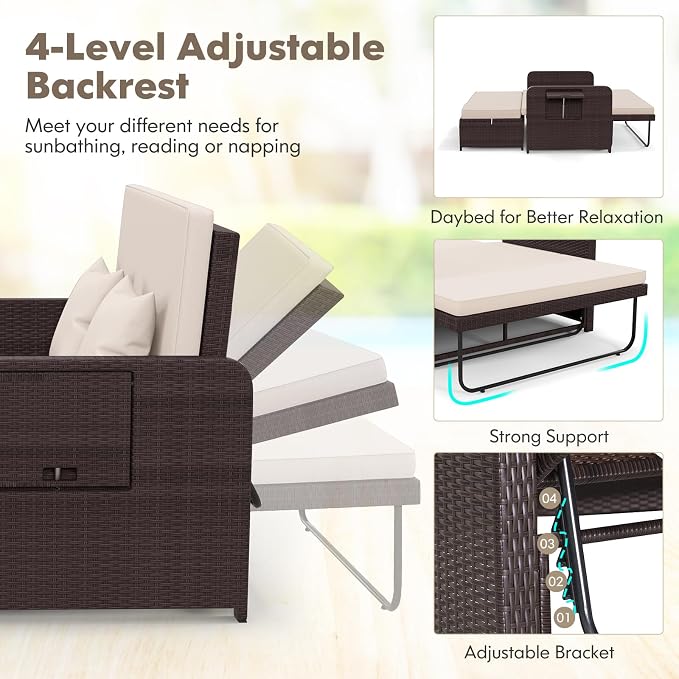Nightcore Wicker Patio Outdoor Daybed, Outdoor Chaise Lounger w/ 4-Level - Image 5