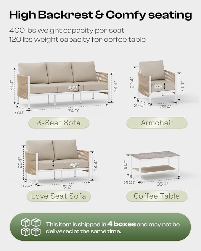 Aluminum Outdoor Sofa Armchair, HDPE Rope Patio Couch - Image 2