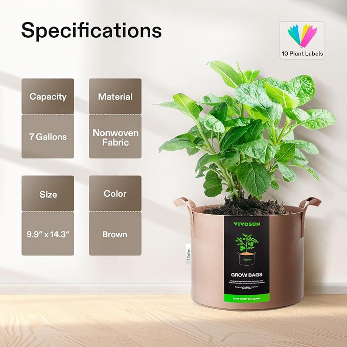 VIVOSUN 5-Pack 7 Gallons Grow Bags Heavy Duty Thickened Nonwoven Fabric Pots - Image 2