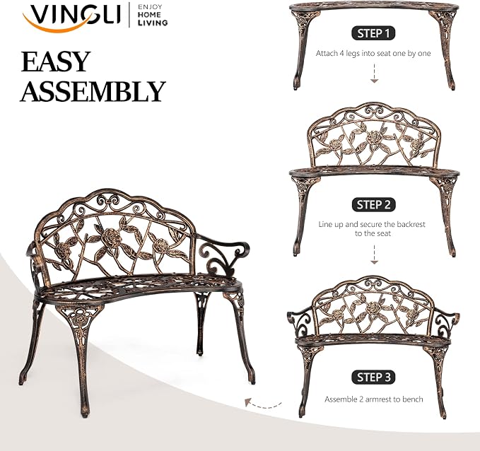 VINGLI 38.5" Patio Park Garden Outdoor Metal Rose Bench, 2-Person Cast Iron - Image 6
