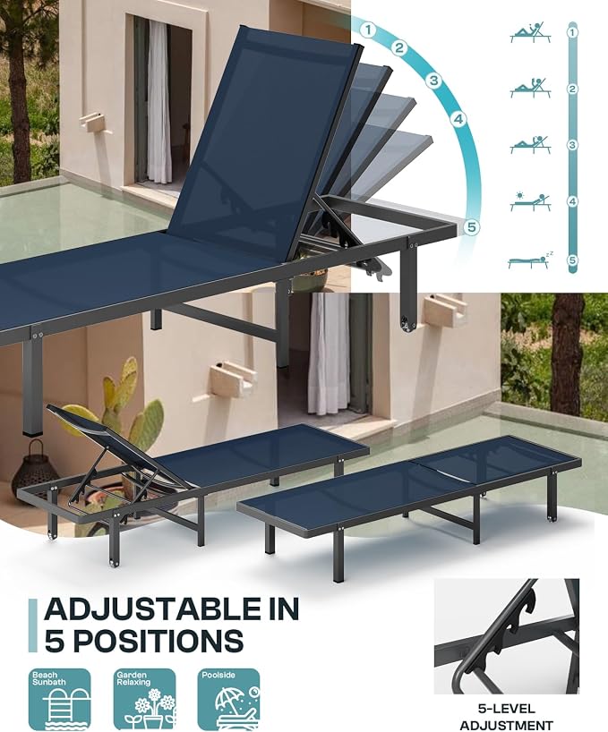 Lounge Chair Outdoor with Wheels, Aluminum Patio Chaise Lounge Chair with 5 - Image 4