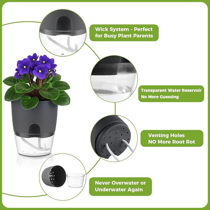 3 Pack Self Watering Pots for Indoor Plants, PlanterHoma 6 Inch Plant Pot - Image 7