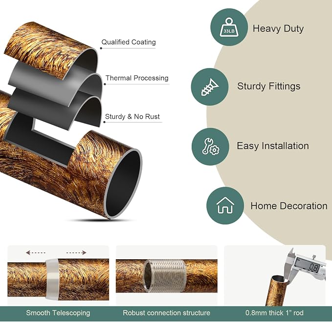 Retro Gold Curtain Rods for Windows 72 to 144 Inches Adjustable Length Heavy - Image 7