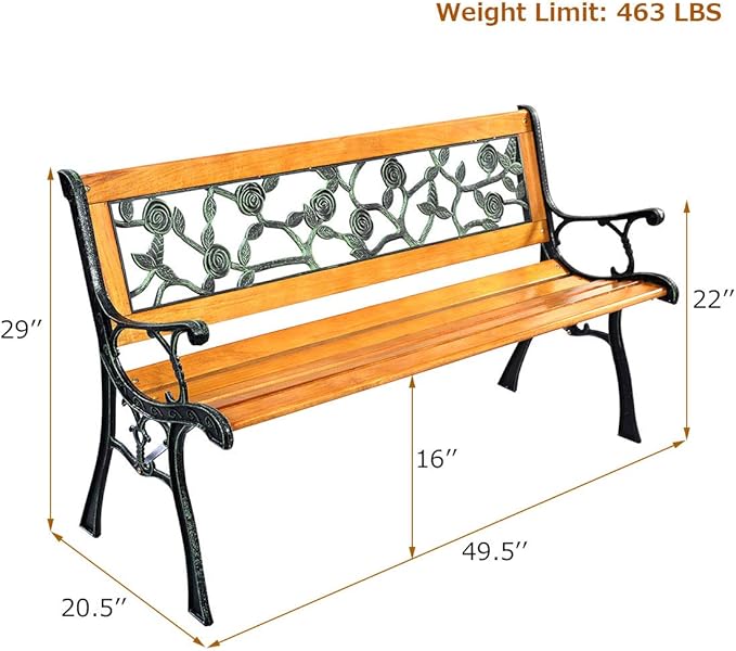 Giantex 50'' Patio Park Garden Bench, Outdoor Furniture Rose Cast Iron Hardwood - Image 3