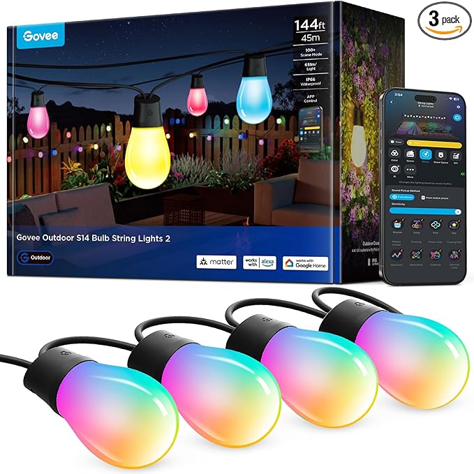 Govee S14 Bulb Outdoor String Lights 2, 144ft RGBIC Smart Warm White Outdoor by Govee