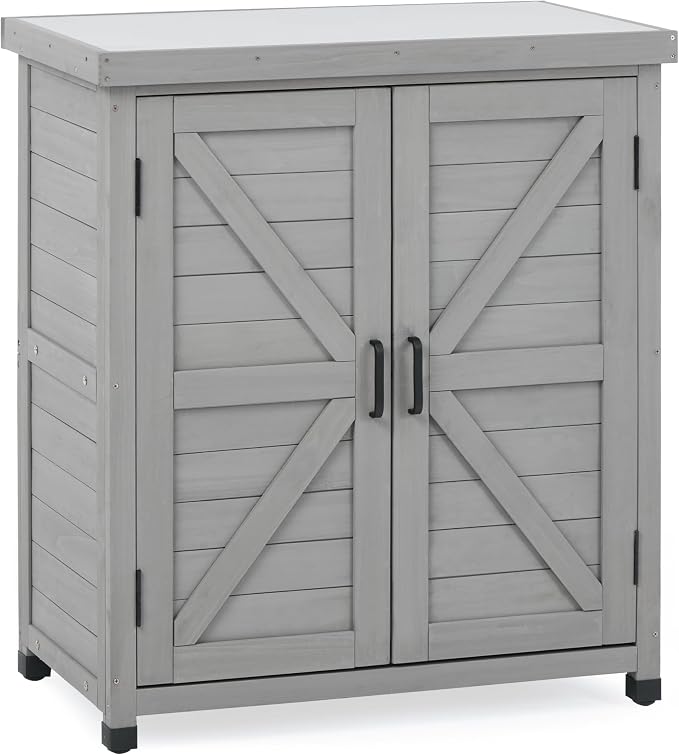 Outdoor Potting Bench with Storage Cabinet and Metal Top, Wood Workstation by Wood-Natrl