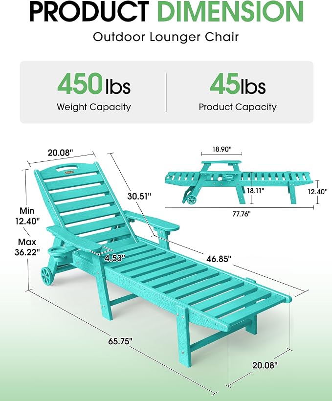 Lounge Chair Outdoor Set of 2, HDPE Chaise Lounge Outdoor - Image 2