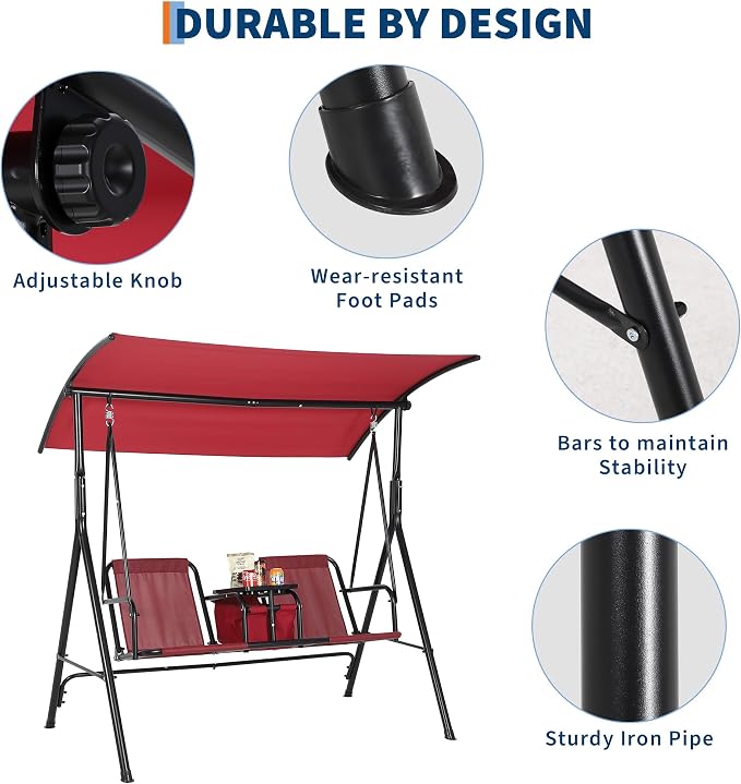 2-Person Porch Swing with Cup Holders, Pivot Storage Table & Cooler Bag - Image 4