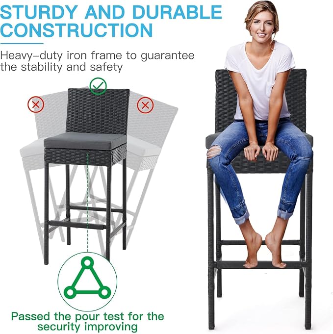 ECOTOUGE Rattan Bar Stools Set of 2, Outdoor Wicker Barstools Counter Height - Image 5