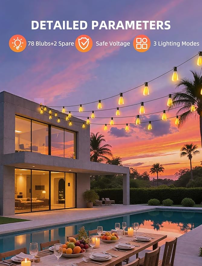 Outdoor Patio String Lights 200ft: ST38 LED Shatterproof Bulbs 3 Modes Button - Image 6