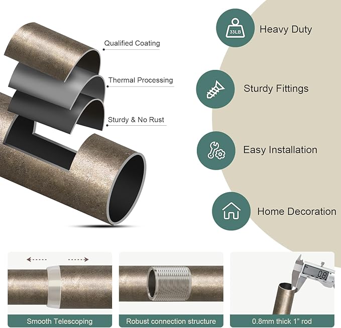 Retro Silver Curtain Rods for Windows 48 to 84 Inches Adjustable Length Heavy - Image 7