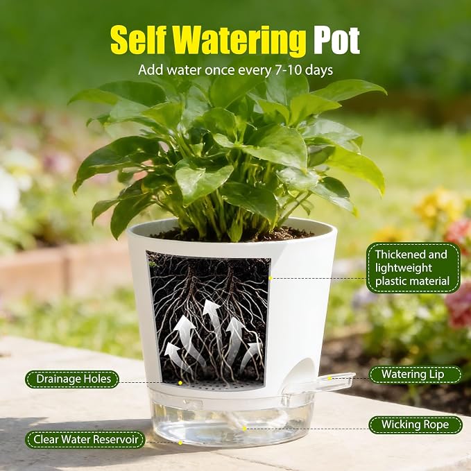 Plant Pots 6 Inch Self Watering Pots, 6 Pack Plastic Planters - Image 4