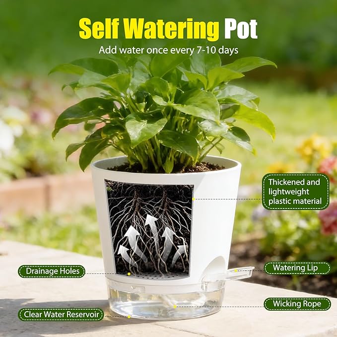 Plant Pots 4/5/5.5/6/6.5/7 Inch Self Watering Pots, 6 Pack Plastic Planters - Image 4