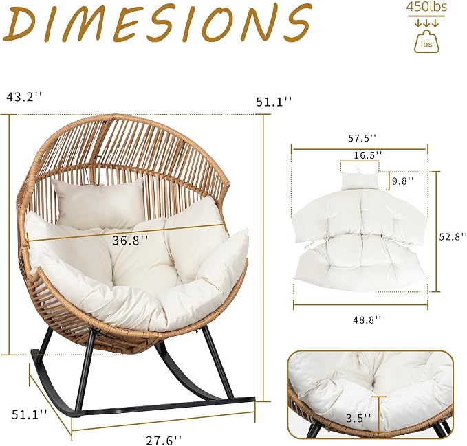 Shintenchi Egg Chair Outdoor, Oversized Outdoor Indoor Wicker Rocking Chair - Image 2