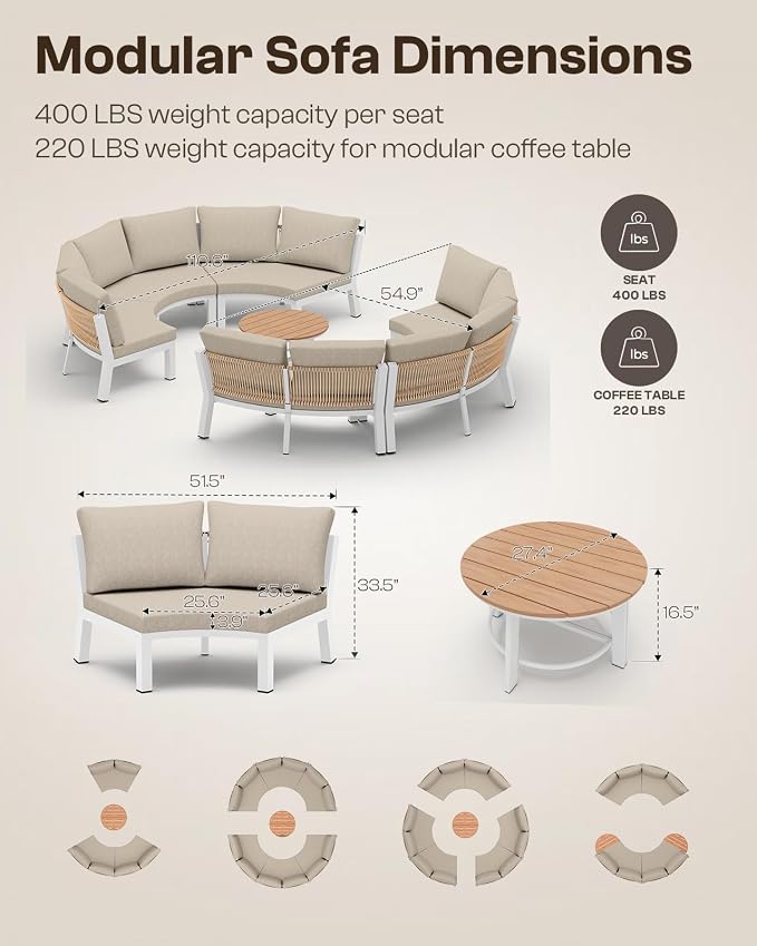 Outdoor Patio Furniture Set, 7 Piece Aluminum Curved Outdoor Sectional Sofas - Image 2