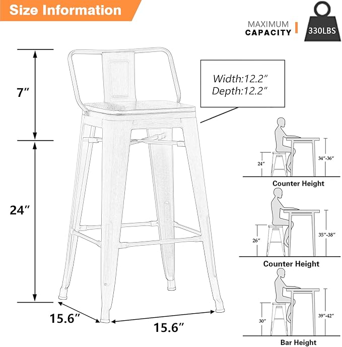 Yongchuang 24 inch Metal Bar Stools Set of 4 Counter Height Barstools Farmhouse - Image 3