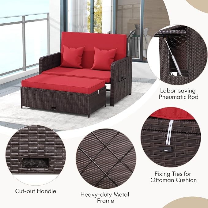 LDAILY Moccha Outdoor Daybed, Wicker Loveseat Sofa Set - Image 5