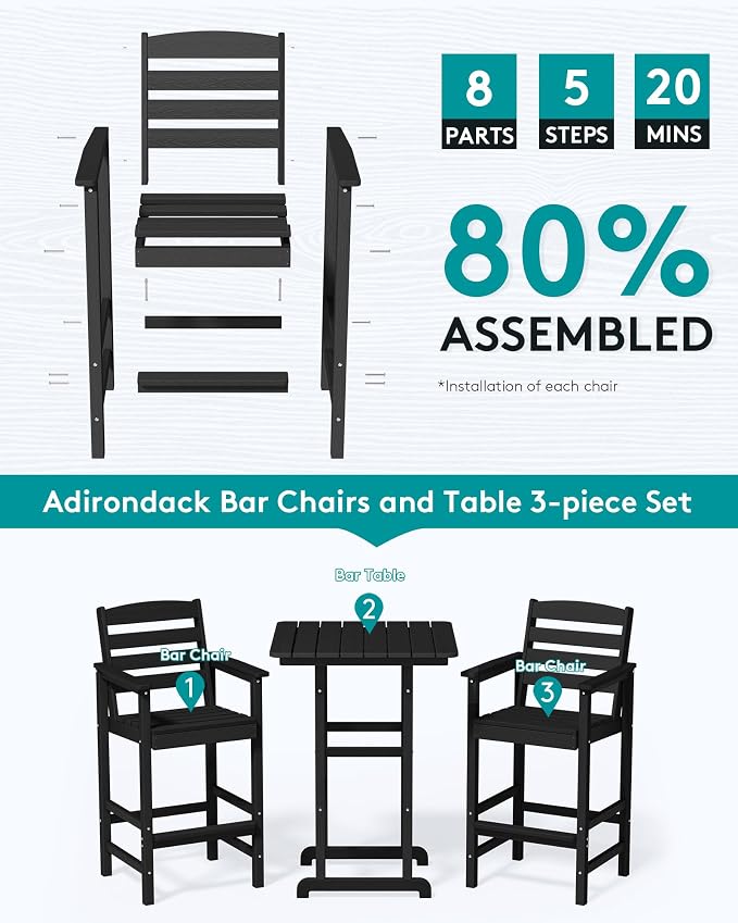 SERWALL Balcony Adirondack Chairs and Table 3 Pieces Set, Adirondack Bar Height - Image 5