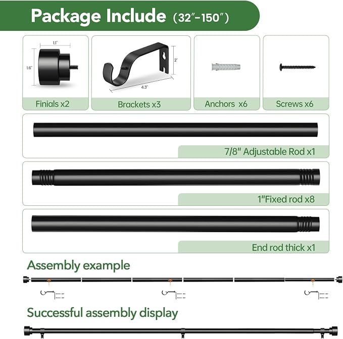 2 Pack Curtain Rods for Windows 72 to 144, 1 Inch Adjustable Black Heavy Duty - Image 6