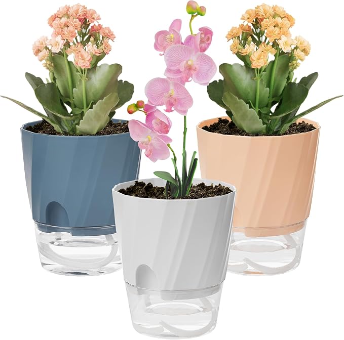KIMCHOMERSE Self Watering Plant Pots, 6 Inch Plant Pots White, 3 Pack Flowers by KIMCHOMERSE