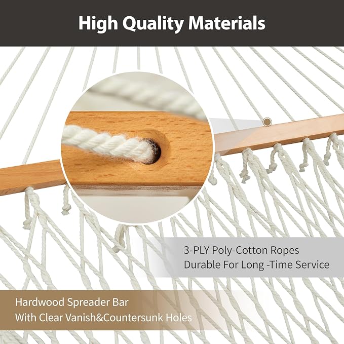 Outdoor Double Hammock with Hardwood Spreader Bars, Large Rope Hammock with - Image 4