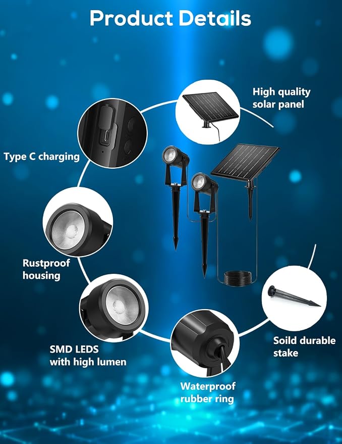 ZYAN Solar Landscape Spotlights, Separate Monocrystalline Panels & USB-C - Image 9