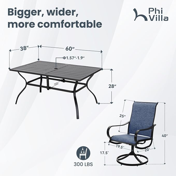 PHI VILLA 7 Piece Outdoor Patio Dining Set, Large Metal Table and 6 Swivel - Image 7