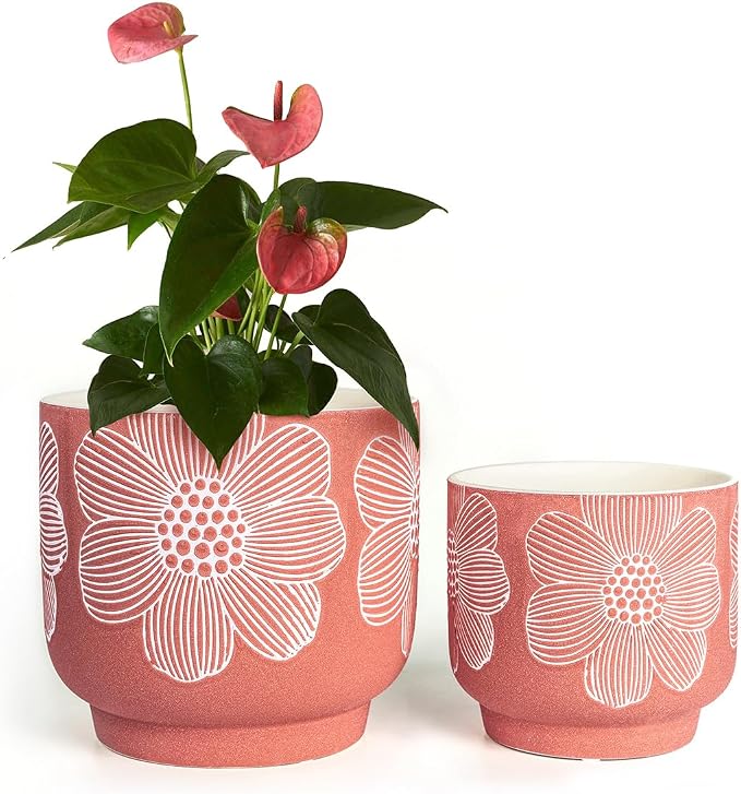 YBX 8 Inch + 6 Inch White Flower Pattern Plant Pots, Sand Glazed Ceramic Planter by YBXYIBOXUAN