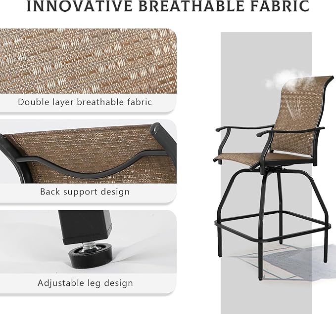 LEVELEVE Patio Bar Set 3pcs Swivel Bar Stools Outdoor Bistro Textilene - Image 4