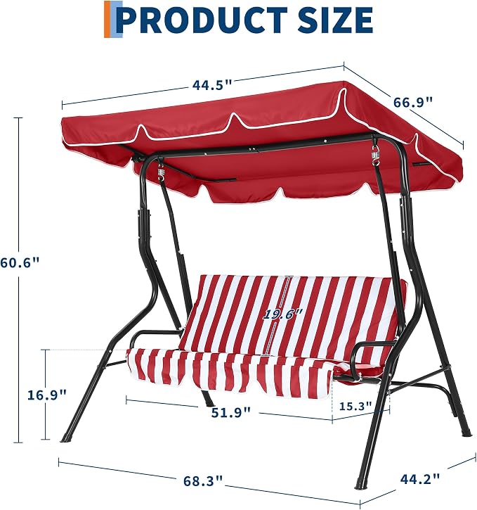 Outdoor Porch Swing Chair with Adjustable Canopy & Striped Seat Cushion - Image 6