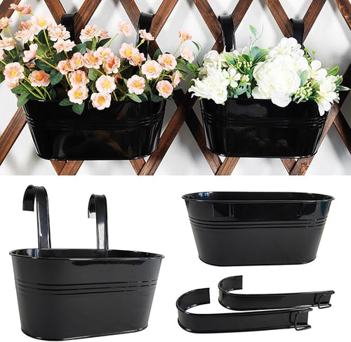 2 Pack Metal Hanging Planter for Outdoor Plants, 10 Inch Black Fence Planters by JOYFERNAL