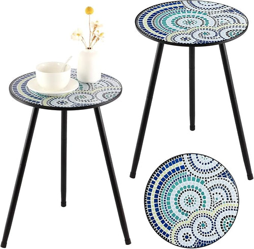 2 Packs Metal Mosaic Round Side Tables 13.4" Small Outdoor Patio Round Accent by PartyZealot