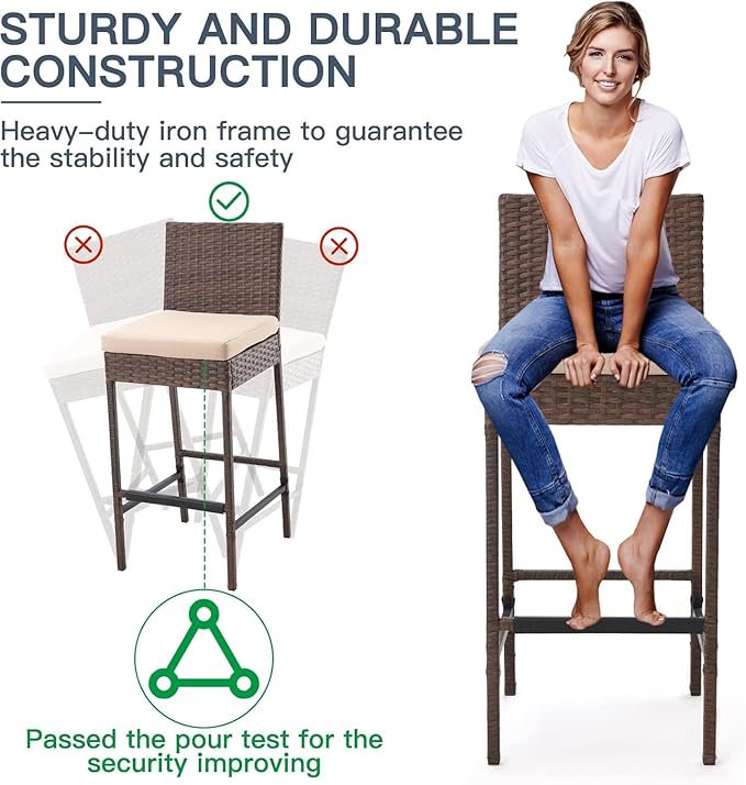 ECOTOUGE Patio Bar Stools Set of 2, Wicker Barstools - Image 5