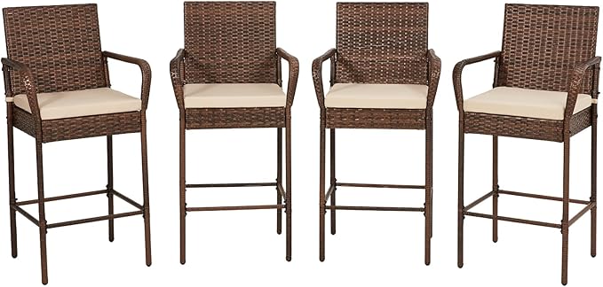 ECOTOUGE Patio Rattan Barstools Set of 4, Outdoor Wicker Bar Height Chairs by ECOTOUGE