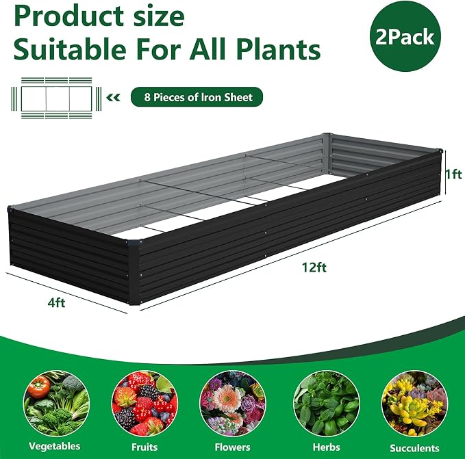 Vengarus 2 Pack 12x4x1FT Galvanized Raised Garden Bed Kit, Outdoor Metal - Image 2