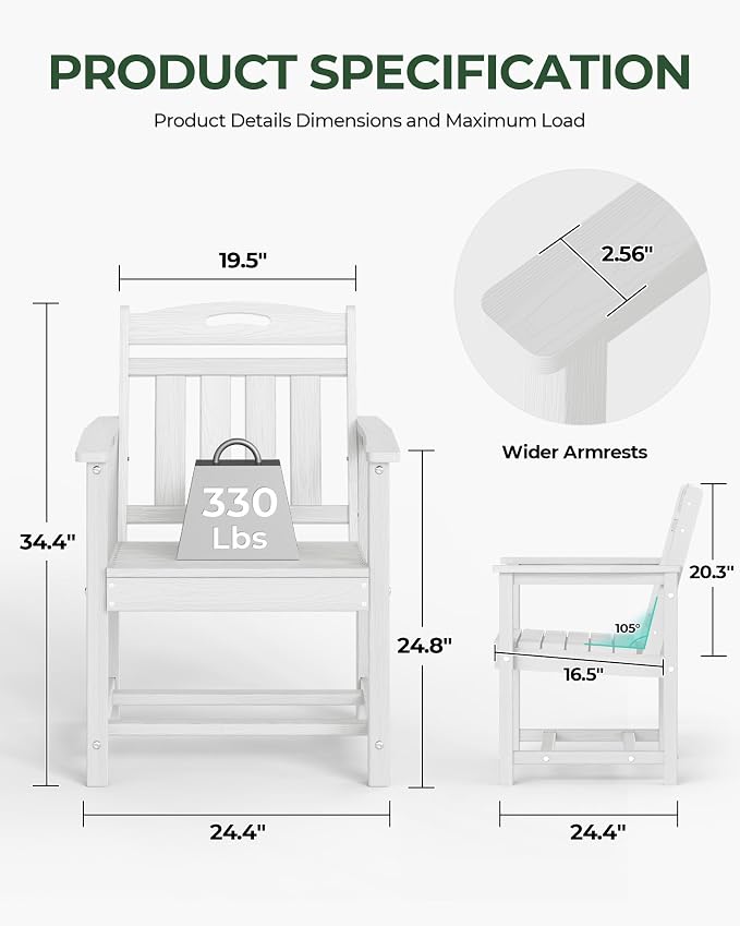 Patio Chairs Set of 2, HDPE Outdoor Dining Chairs - Image 3